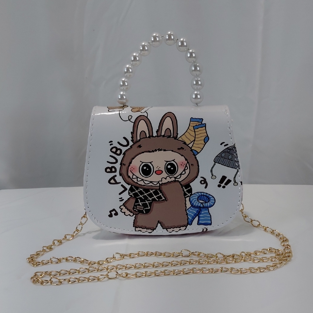 Cute Cartoon Print Labubu White Mini Bag with Pearl Handle